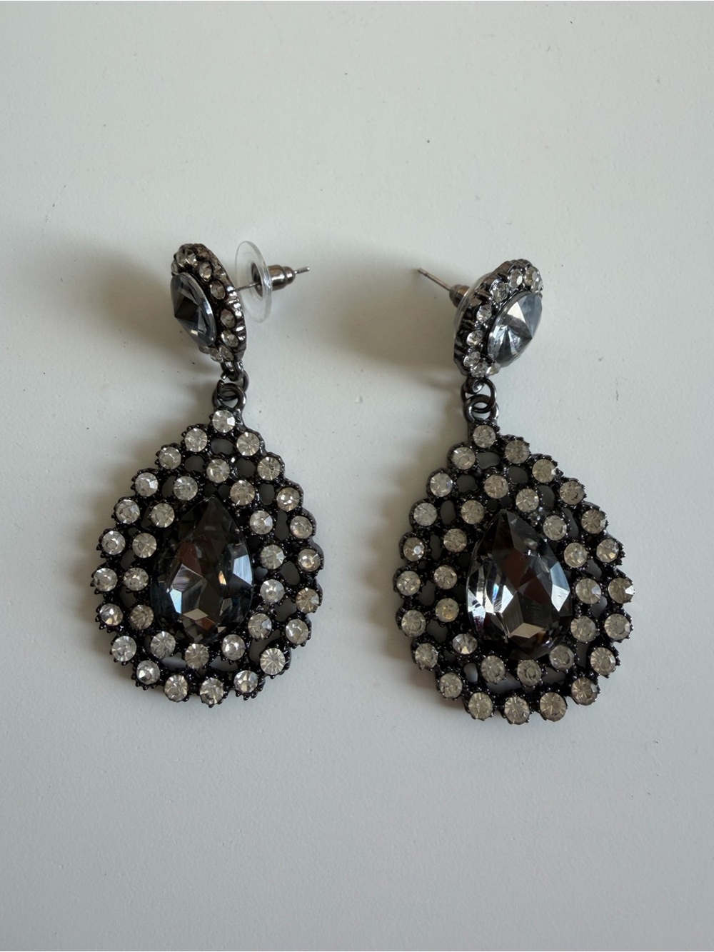 Gunmetal Teardrop Crystal Drop Earrings